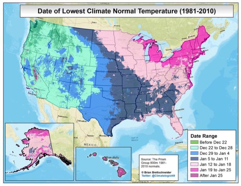 Date of Lowest Climate Normal Temperature (1981 - 2010) Map of U.S.